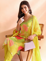 Ahika Women Yellow Rayon Blend Floral Printed Straight Kurta Trousers With Dupatta-PKSKD2425