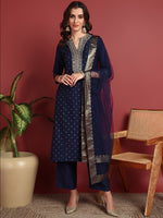 Ahika Polyester Solid Blue Indian Ethnic