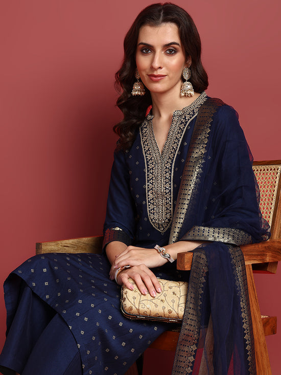 Ahika Polyester Solid Blue Indian Ethnic