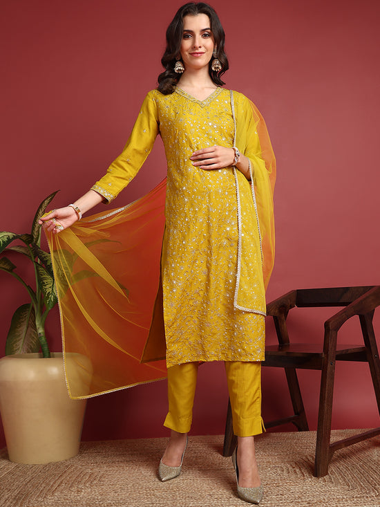 Ahika Polyester Solid Yellow Indian Ethnic