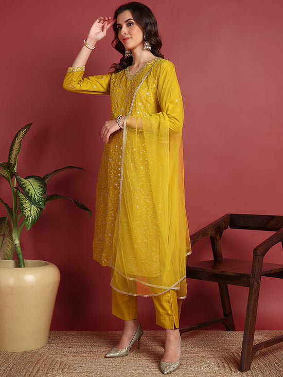 Ahika Polyester Solid Yellow Indian Ethnic