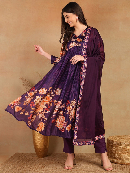 Ahika Women Purple Silk Blend Floral Printed Straight Kurta Trouser With Dupatta-PKSKD2435