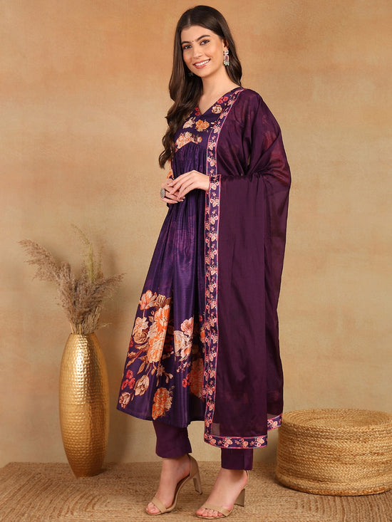 Ahika Women Purple Silk Blend Floral Printed Straight Kurta Trouser With Dupatta-PKSKD2435