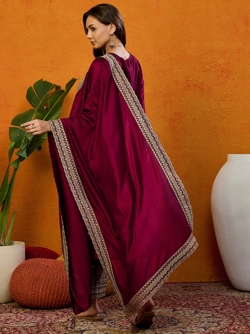 Ahika Women Maroon Silk Blend Embroidered Straight Kurta Palazzo Set With Dupatta