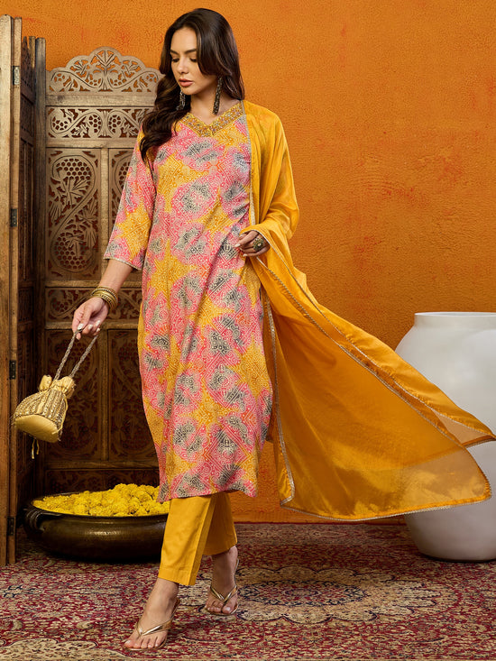 Ahika Women Yellow Cotton Blend Printed Straight Kurta Pant Set With Dupatta