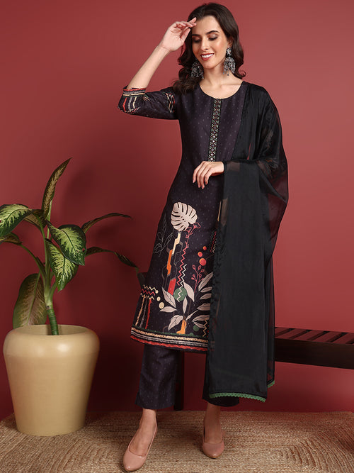 Ahika Polyester Abstract Black Indian Ethnic