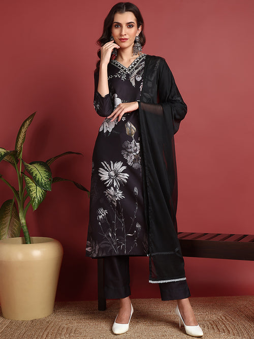 Ahika Polyester Floral Black Indian Ethnic