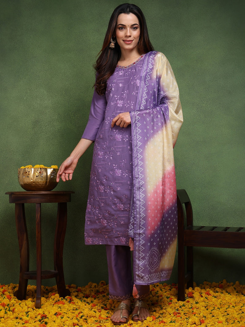 Ahika Women Purple Silk Blend Solid Embroidered Straight Kurta Trouser With Dupatta