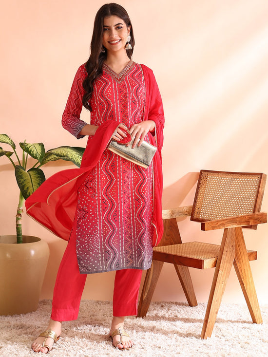 Ahika Women Red Silk Blend Bandhani Printed Straight Kurta Trousers With Dupatta-PKSKD2484