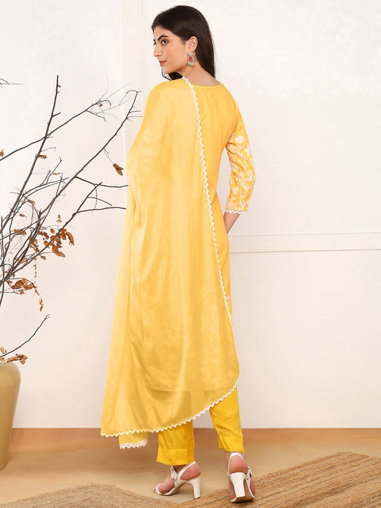 Ahika Women Yellow Cotton Blend Floral Printed Straight Kurta Trouser With Dupatta-PKSKD2495YLW