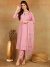 Ahika Women Pink Silk Blend Solid Yoke Design Straight Kurta Trouser With Dupatta-PKSKD2501PNK