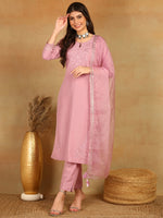 Ahika Women Pink Silk Blend Solid Yoke Design Straight Kurta Trouser With Dupatta-PKSKD2501PNK