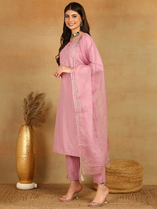 Ahika Women Pink Silk Blend Solid Yoke Design Straight Kurta Trouser With Dupatta-PKSKD2501PNK