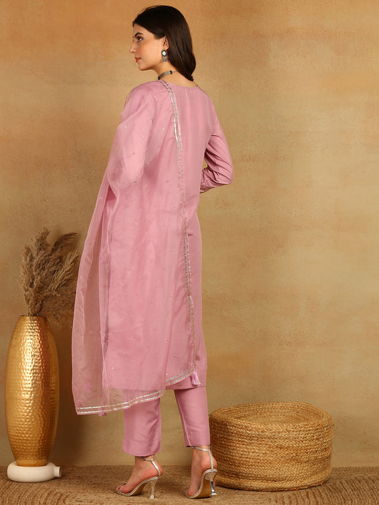 Ahika Women Pink Silk Blend Solid Yoke Design Straight Kurta Trouser With Dupatta-PKSKD2501PNK