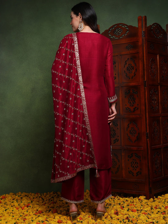 Ahika Women Maroon Silk Blend Solid Embroidered Straight Kurta Trouser With Dupatta