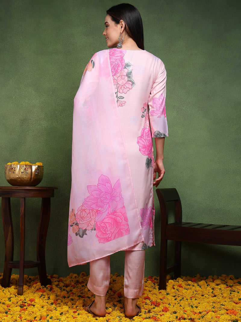 Ahika Women Cream Cotton Blend Floral Printed Straight Kurta Trouser With Dupatta