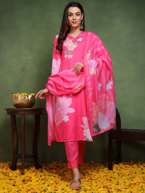 Ahika Women Pink Cotton Blend Floral Printed Straight Kurta Trouser With Dupatta