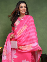 Ahika Women Pink Cotton Blend Floral Printed Straight Kurta Trouser With Dupatta