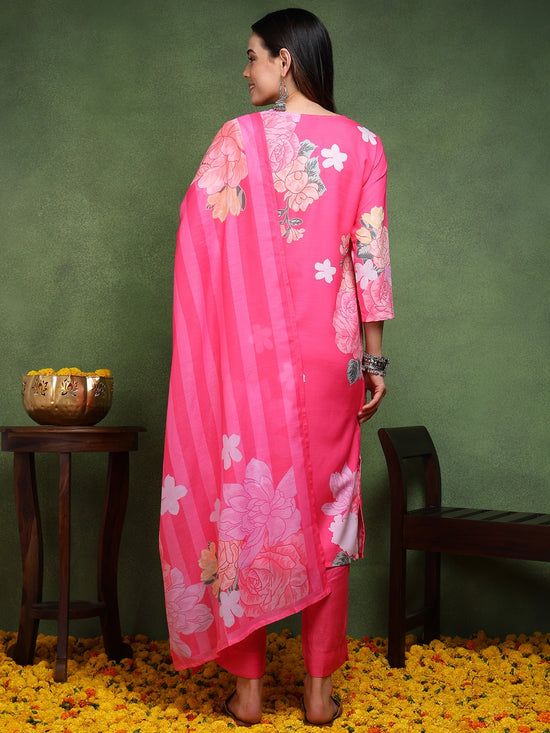 Ahika Women Pink Cotton Blend Floral Printed Straight Kurta Trouser With Dupatta