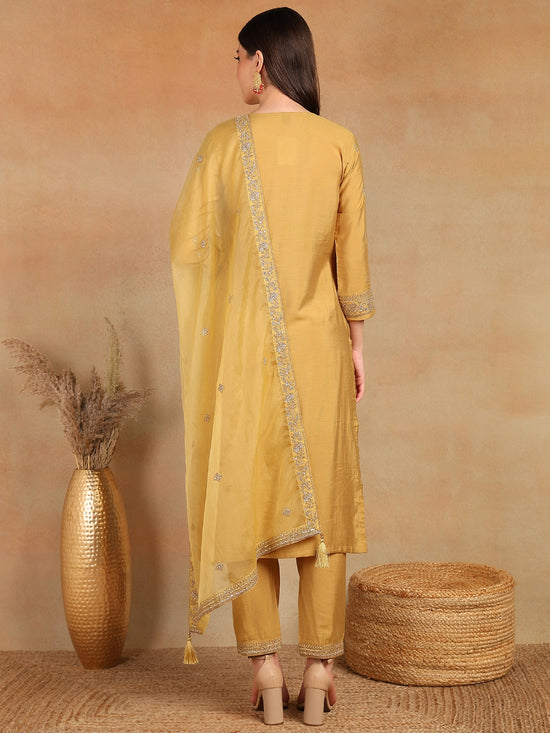 Ahika Women Gold Silk Blend Solid Embroidered Straight Kurta Trouser With Dupatta-PKSKD2520YLW