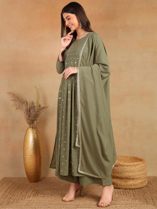 Ahika Women Olive Georgette Solid Embroidered Straight Kurta Palazzo With Dupatta-PKSKD2521OLV