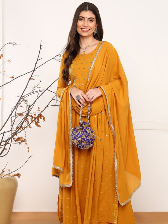 Ahika Women Mustard Georgette Solid Embroidered Straight Kurta Palazzo With Dupatta-PKSKD2521YLW