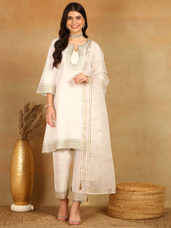 Ahika Women White Silk Blend Solid Embroidered A-Line Kurta Trouser With Dupatta-PKSKD2522WHT