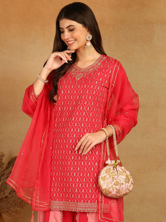 Ahika Women Pink Georgette Solid Embroidered Straight Kurta Palazzo With Dupatta-PKSKD2523PNK