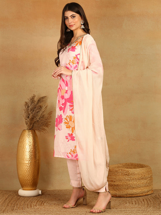 Ahika Women Pink Rayon Blend Floral Printed Straight Kurta Trouser With Dupatta-PKSKD2525LPNK