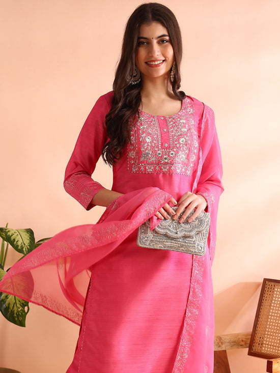 Ahika Women Pink Silk Blend Solid Embroidered Straight Kurta Trousers With Dupatta-PKSKD2528PNK