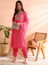 Ahika Women Pink Silk Blend Solid Embroidered Straight Kurta Trousers With Dupatta-PKSKD2528PNK