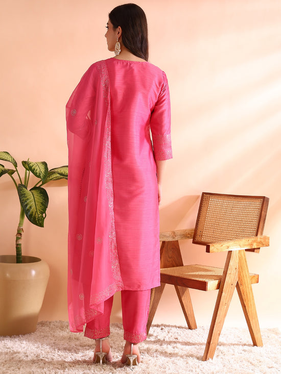 Ahika Women Pink Silk Blend Solid Embroidered Straight Kurta Trousers With Dupatta-PKSKD2528PNK