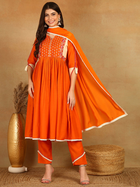 Ahika Women Orange Viscose Rayon Solid Embroidered Anarkali Kurta Trouser With Dupatta-PKSKD2529ORG