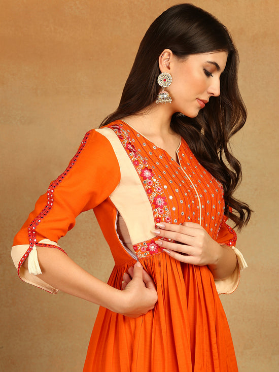 Ahika Women Orange Viscose Rayon Solid Embroidered Anarkali Kurta Trouser With Dupatta-PKSKD2529ORG