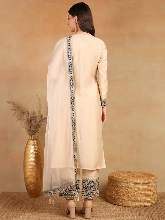 Ahika Women Cream Silk Blend Solid Embroidered Straight Kurta Trouser With Dupatta-PKSKD2530CRM