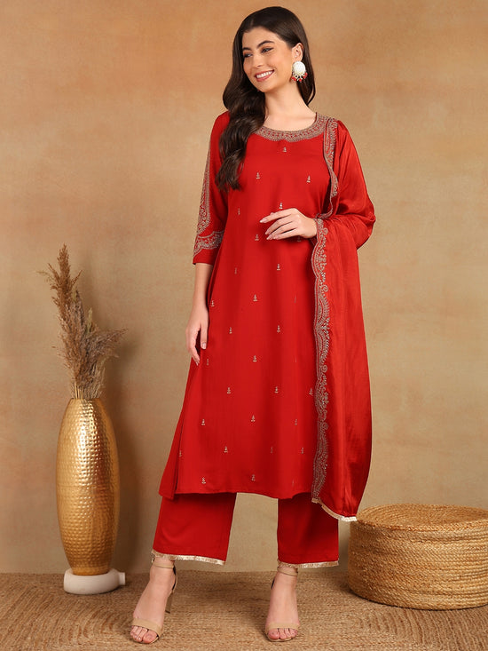 Ahika Women Red Silk Blend Solid Embroidered A-Line Kurta Trouser With Dupatta-PKSKD2534RED