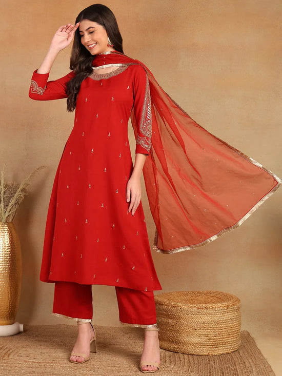 Ahika Women Red Silk Blend Solid Embroidered A-Line Kurta Trouser With Dupatta-PKSKD2535RED