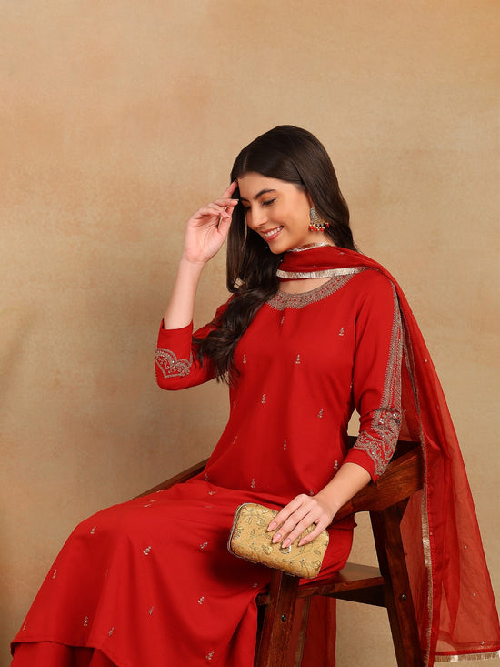 Ahika Women Red Silk Blend Solid Embroidered A-Line Kurta Trouser With Dupatta-PKSKD2535RED