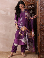 Ahika Women Purple Silk Blend Floral Printed Straight Kurta Trouser With Dupatta-PKSKD2536PPL