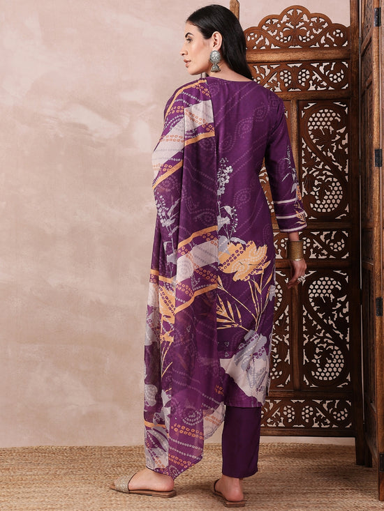 Ahika Women Purple Silk Blend Floral Printed Straight Kurta Trouser With Dupatta-PKSKD2536PPL