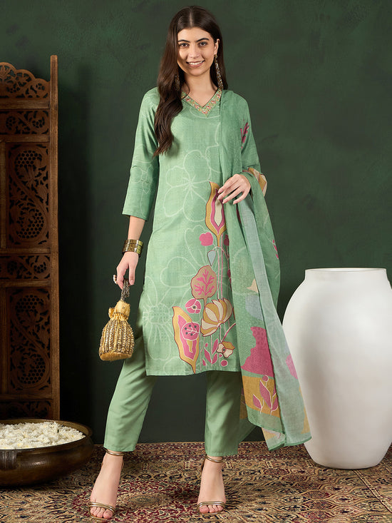 Ahika Women Green Silk Blend Floral Printed Straight Kurta Trouser With Dupatta-PKSKD2540GRN