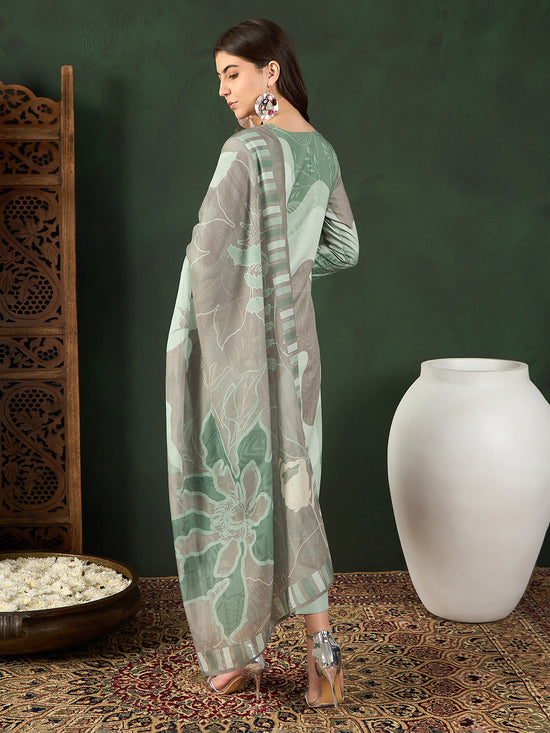 Ahika Women Green Silk Blend Abstract Printed Straight Kurta Trouser With Dupatta-PKSKD2541GRN