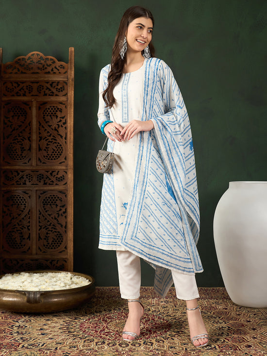 Ahika Women Off White Silk Blend Geometric Printed Straight Kurta Trouser With Dupatta-PKSKD2546WHT