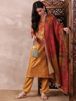 Ahika Women Mustard Silk Blend Floral Printed Straight Kurta Trouser With Dupatta-PKSKD2548YLW