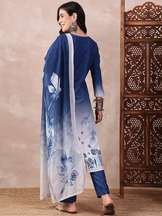 Ahika Women Blue Silk Blend Abstract Printed Straight Kurta Trouser With Dupatta-PKSKD2550BLU