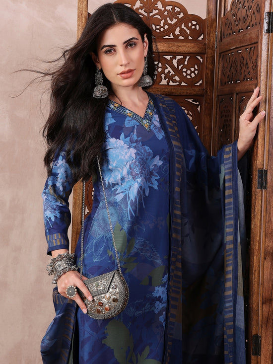 Ahika Women Blue Silk Blend Floral Printed Straight Kurta Trouser With Dupatta-PKSKD2555BLU