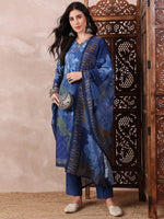 Ahika Women Blue Silk Blend Floral Printed Straight Kurta Trouser With Dupatta-PKSKD2555BLU