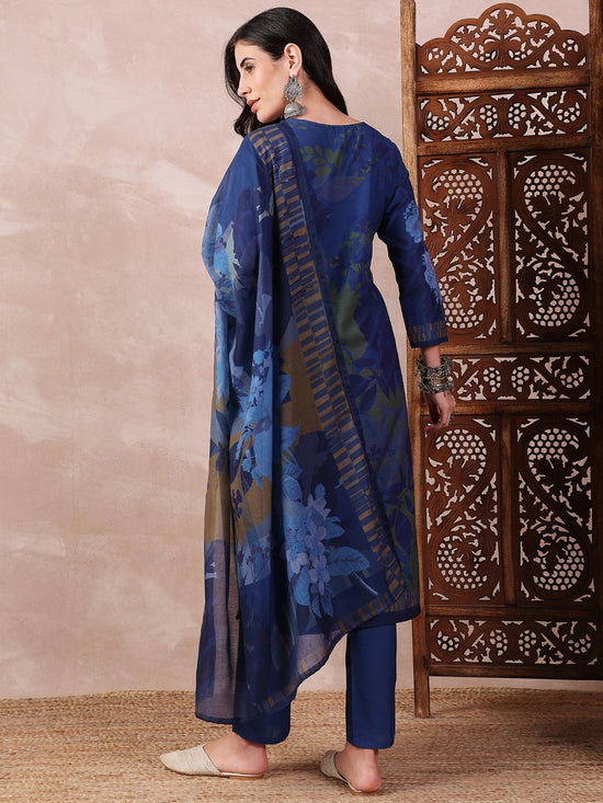 Ahika Women Blue Silk Blend Floral Printed Straight Kurta Trouser With Dupatta-PKSKD2555BLU