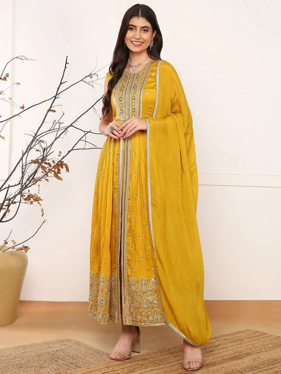 Ahika Women Mustard Silk Blend Solid Embroidered A-Line Kurta Trouser With Dupatta-PKSKD2562MYLW