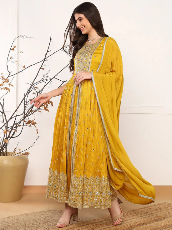 Ahika Women Mustard Silk Blend Solid Embroidered A-Line Kurta Trouser With Dupatta-PKSKD2562MYLW